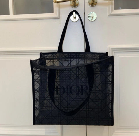 Dior Exclusive Lace Mesh Tote Summer Beach – Elegant Black Cannage Design